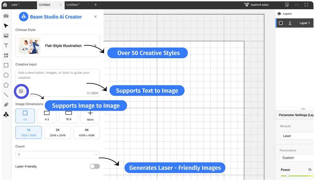 Interfejs Beam Studio AI Creator
