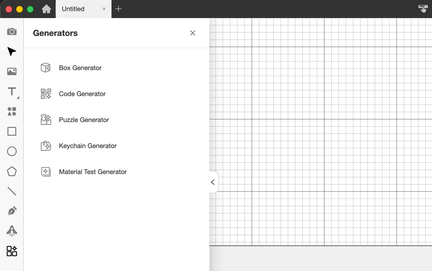 Beam Studio Generators menu showing Box, Code, Puzzle, Keychain, and Material Test Generator