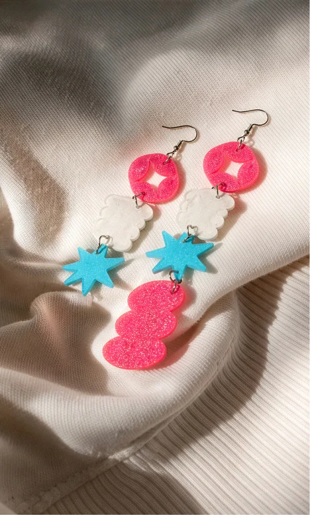 Pink and turquoise acrylic earrings arranged on fabric
