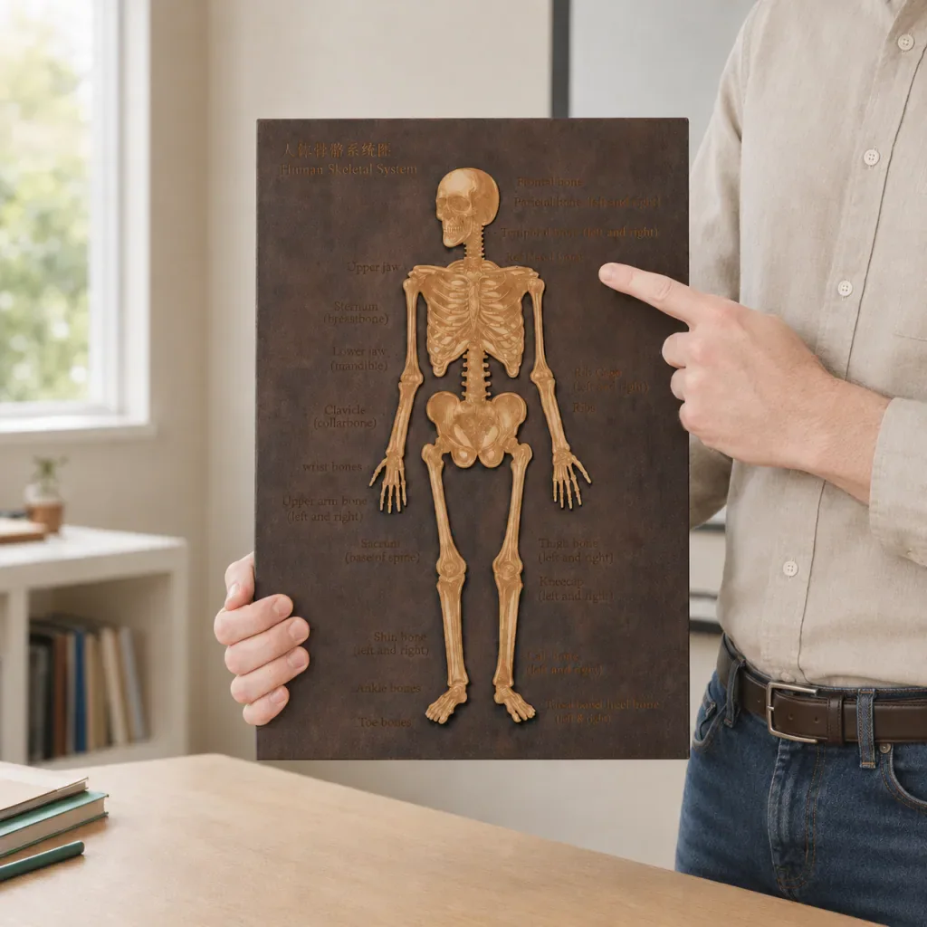 Wooden anatomy learning board with removable skeleton pieces