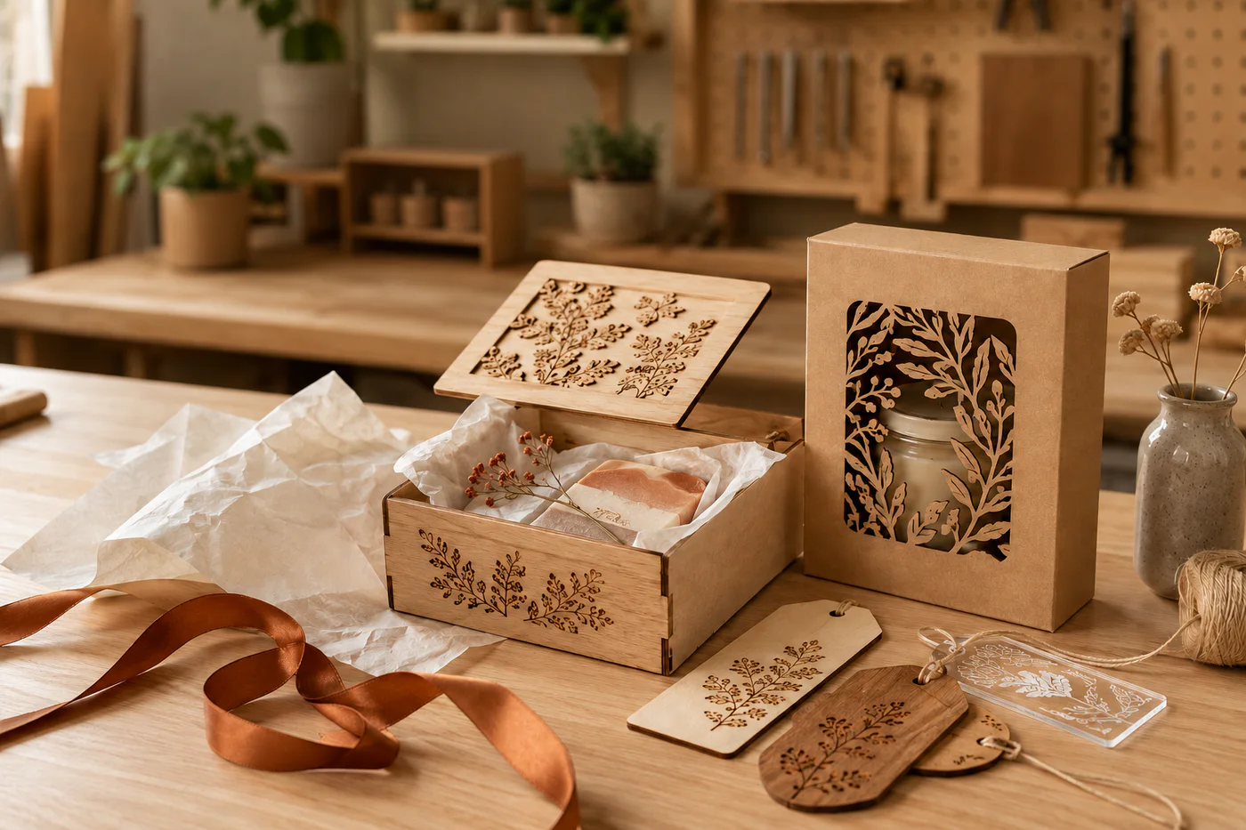 Engraved wooden boxes, tags, and packaging pieces arranged for a small business
