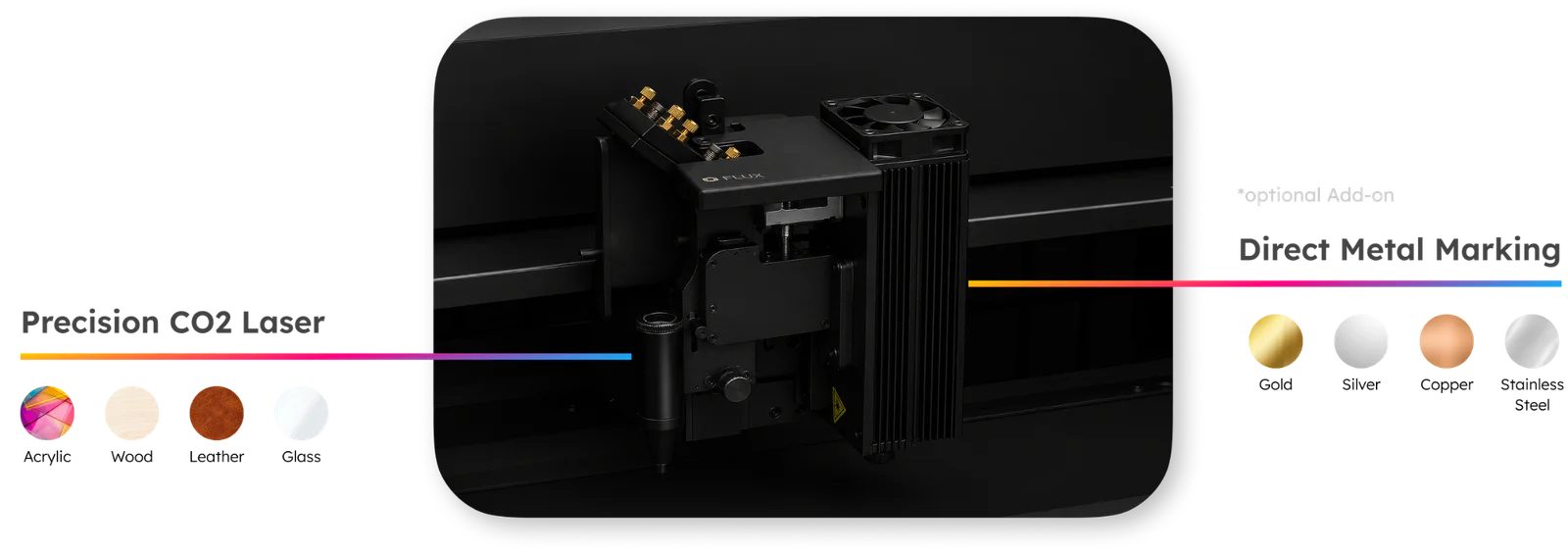 beamo II with its 30W CO2 laser for acrylic and other creative materials and optional 2W infrared module for direct metal marking