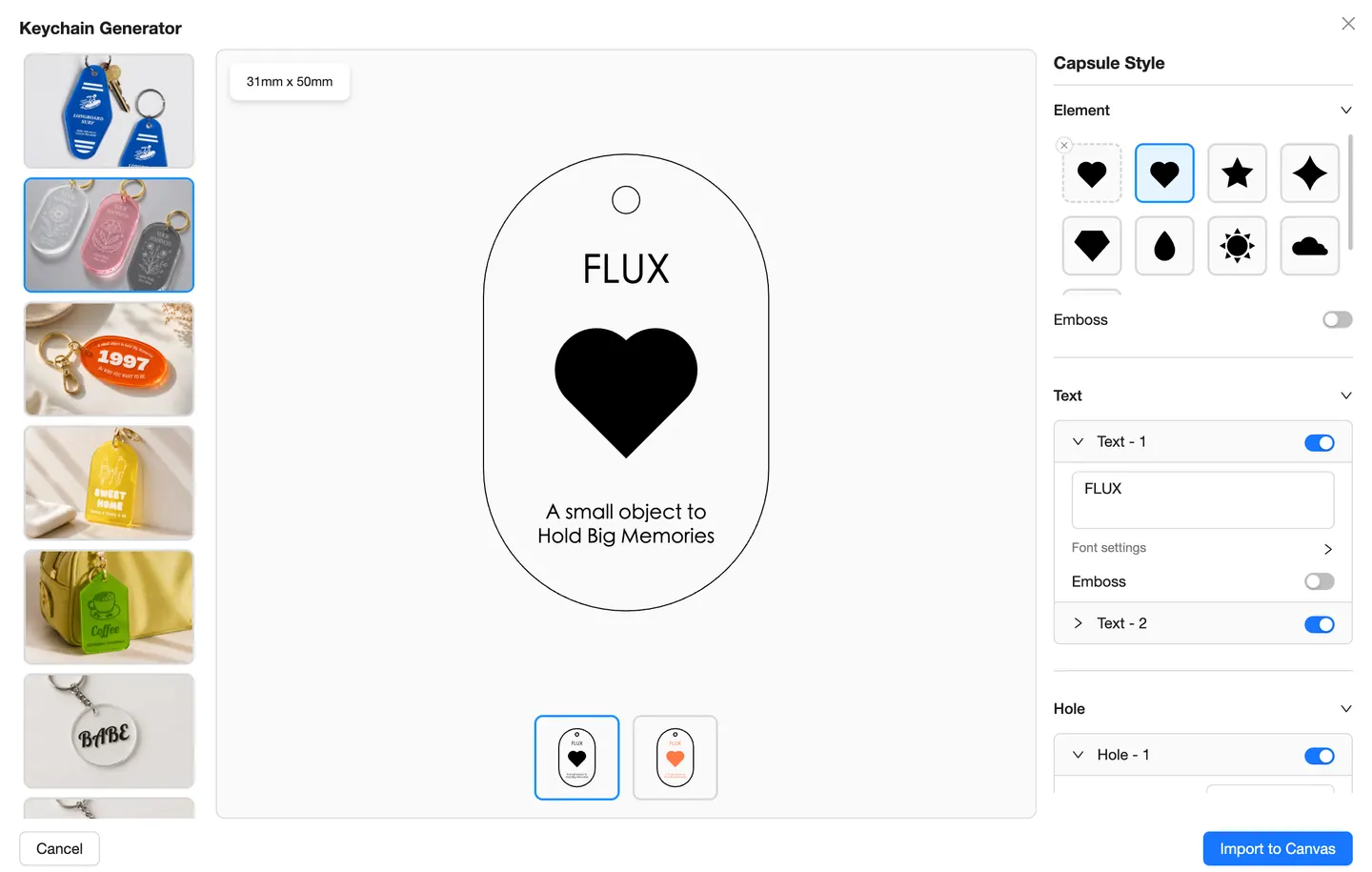 Capsule Style in Beam Studio Keychain Generator