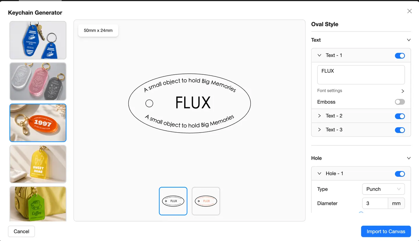 Oval Style with text and hole settings in Beam Studio Keychain Generator