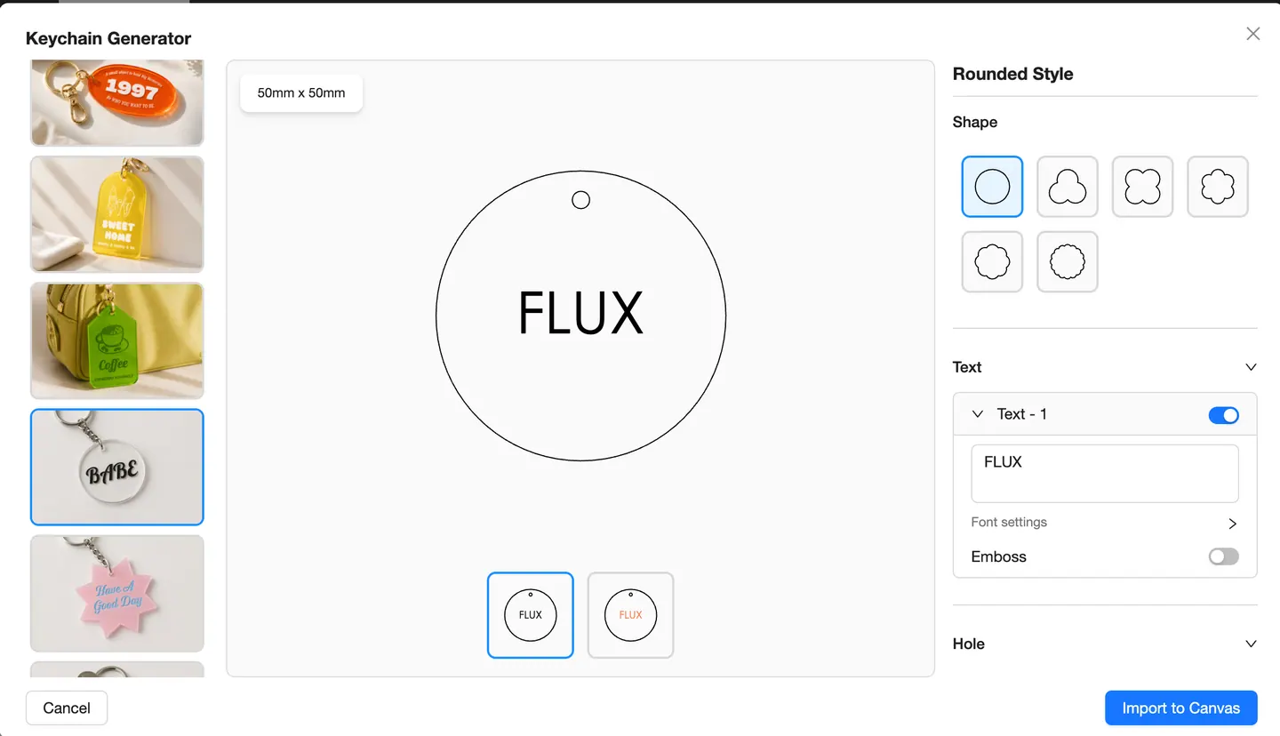 Rounded Style in Beam Studio Keychain Generator