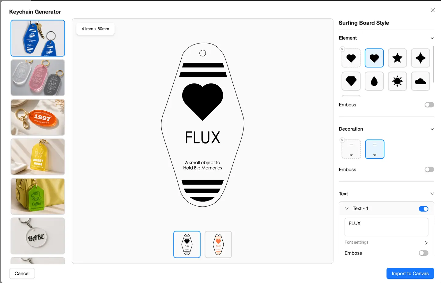 Surfing Board Style in Beam Studio Keychain Generator