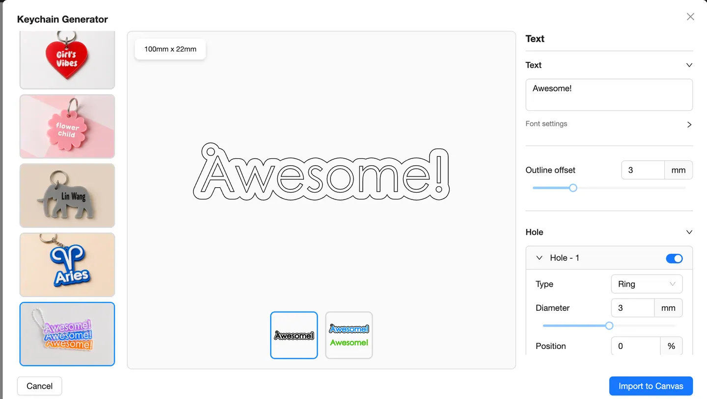 Text-led keychain design with outline and ring settings in Beam Studio