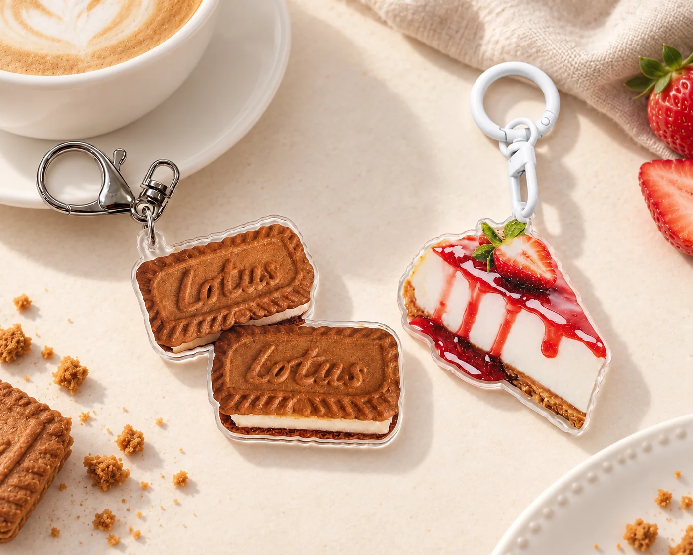 Custom-cut acrylic keychains shaped like sandwich cookies and a strawberry cheesecake slice