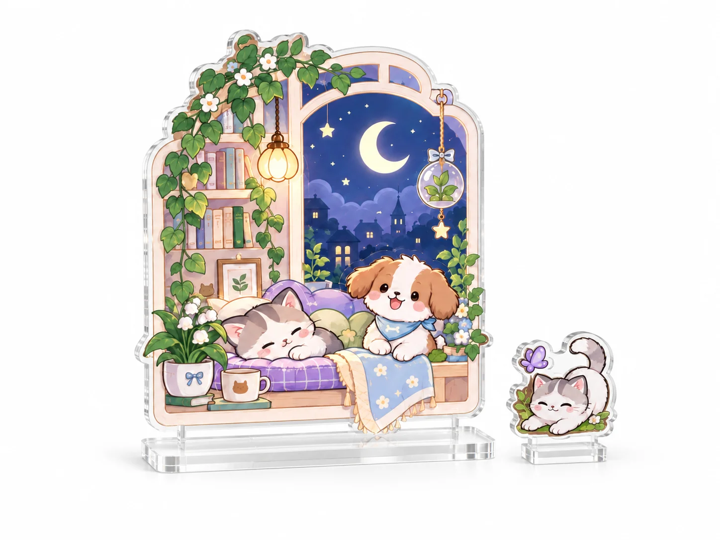 Acrylic desk displays featuring illustrated cats, a dog, plants, and a moonlit window on a white background