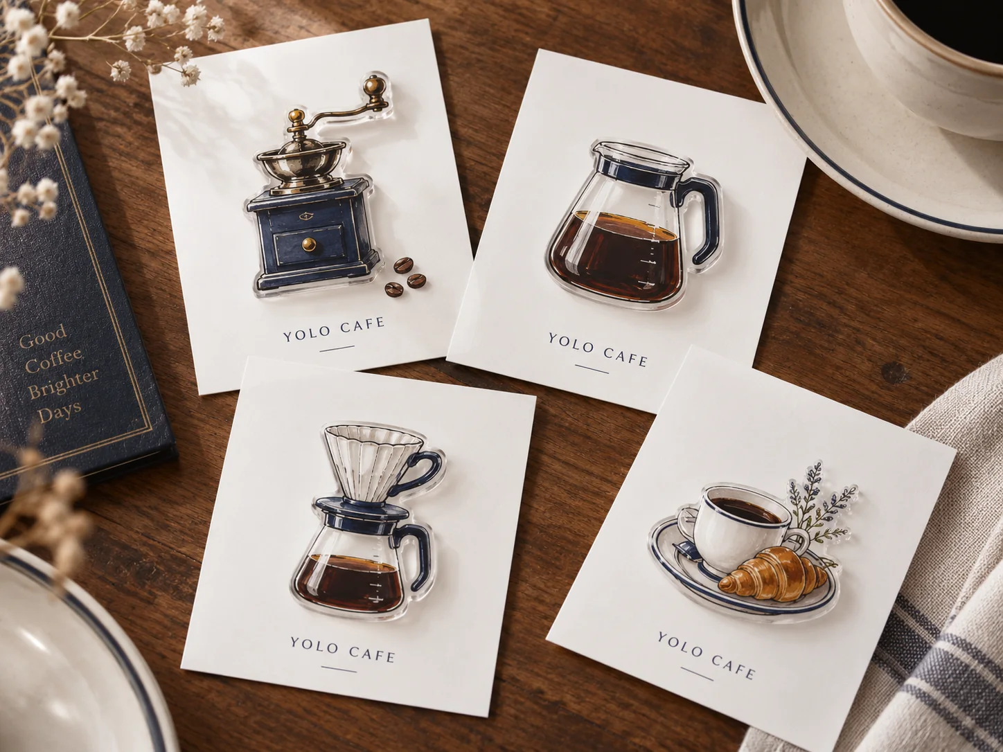 Cafe-themed custom magnets displayed on branded product cards