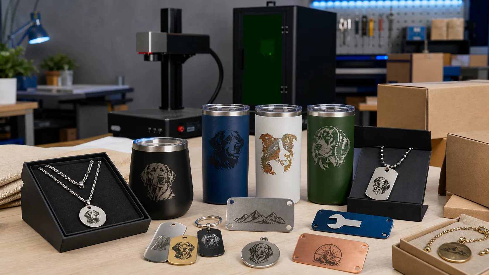 Laserowo znakowane kubki, biżuteria, zawieszki i metalowe szyldy w pracowni personalizacji