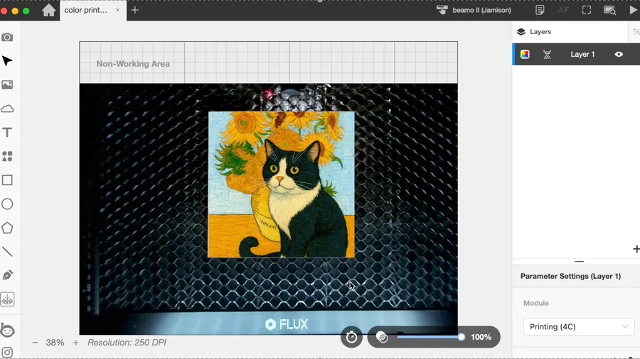 Camera preview of a cat artwork inside the beamo Ⅱ work area