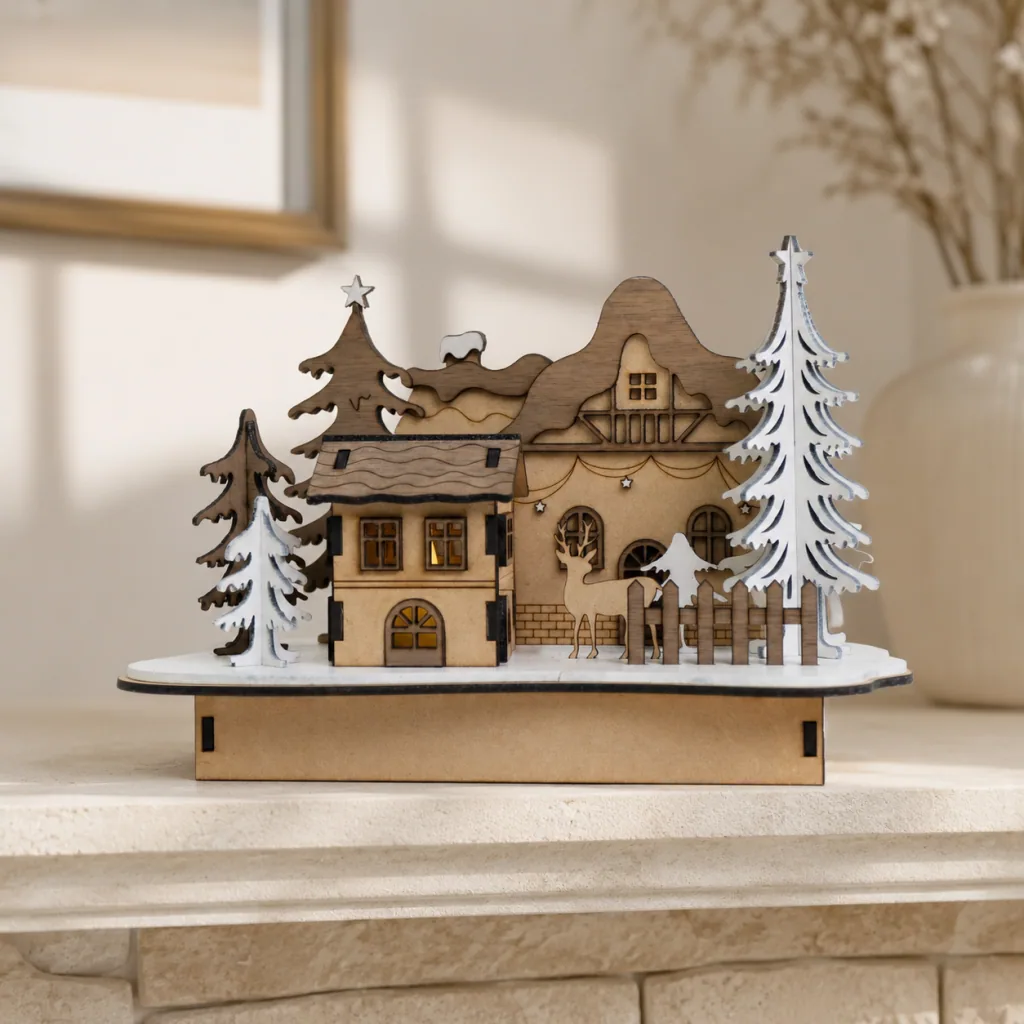 Layered wooden winter village made with the beamo Ⅱ CO2 laser