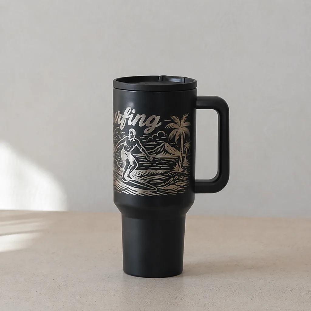 Black travel tumbler engraved with the beamo Ⅱ CO2 laser