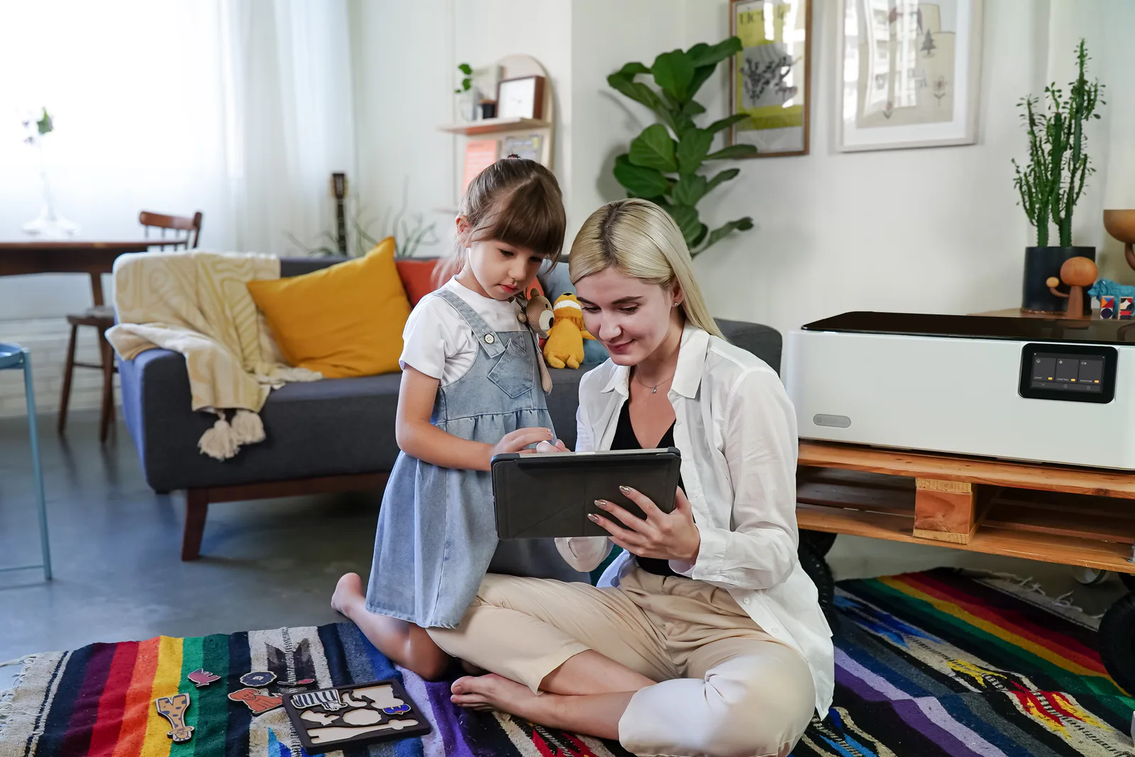 An adult and child using a tablet beside a FLUX laser cutter and colorful learning projects