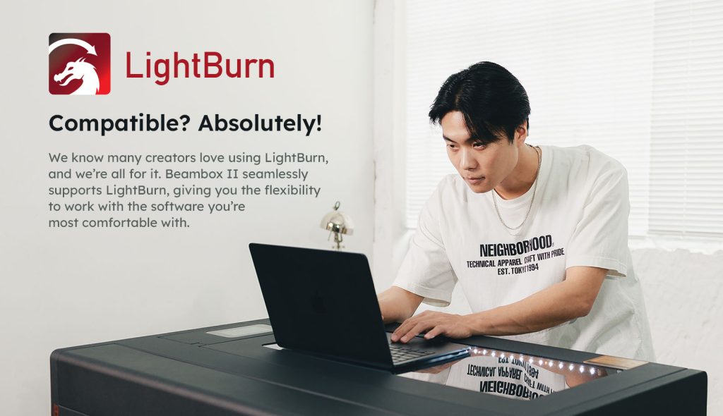 Beambox II connected to LightBurn with camera preview.